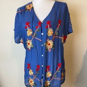 Anthropology Fig and Flower boho embroidered top L